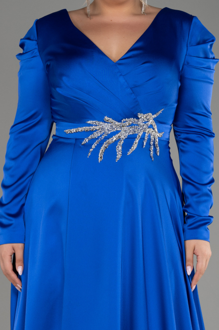 Robe De Fiançailles Grande Taille Satin Longue Bleu Saxe ABU3941