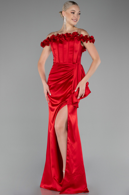 Robe Queue de Poisson Longue Satin Rouge ABU4055