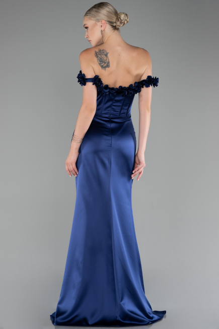 Robe Queue de Poisson Longue Satin Bleu Marine ABU4055
