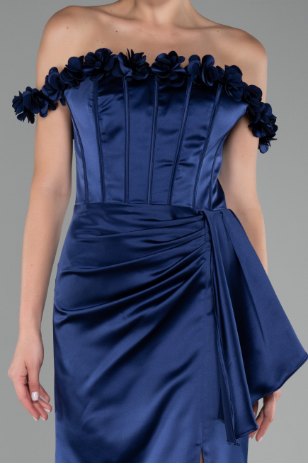 Robe Queue de Poisson Longue Satin Bleu Marine ABU4055