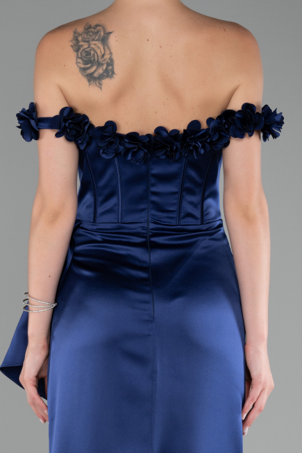 Robe Queue de Poisson Longue Satin Bleu Marine ABU4055
