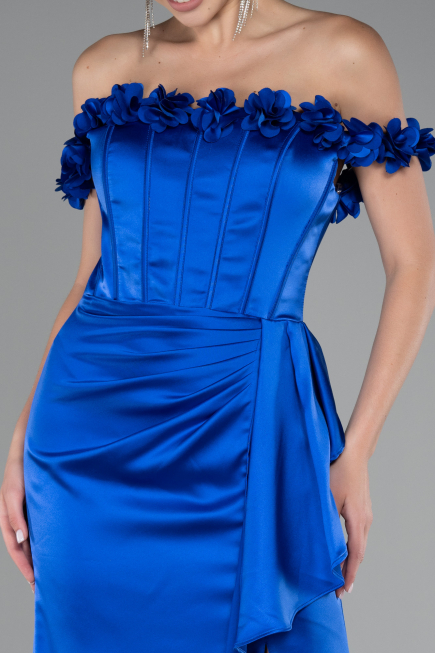 Robe Queue de Poisson Longue Satin Bleu Saxe ABU4055