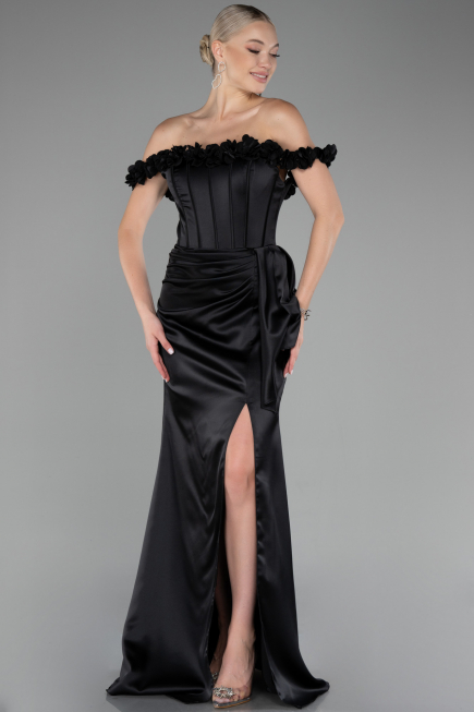 Robe Queue de Poisson Longue Satin Noir ABU4055