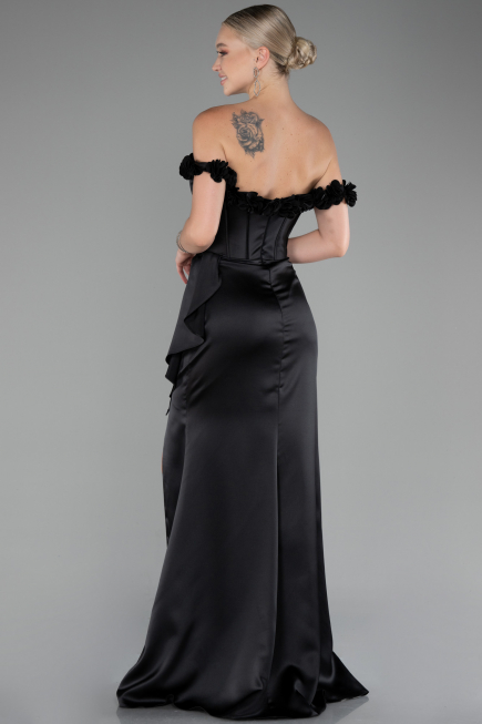 Robe Queue de Poisson Longue Satin Noir ABU4055