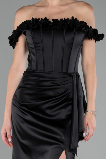 Robe Queue de Poisson Longue Satin Noir ABU4055