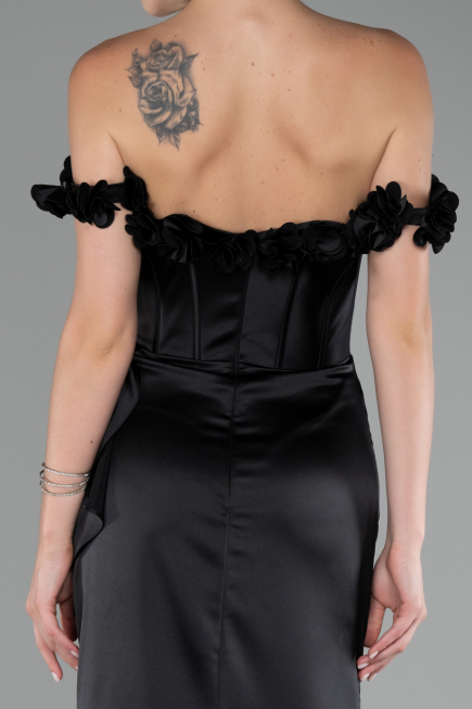 Robe Queue de Poisson Longue Satin Noir ABU4055