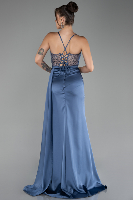 Robe de Soirée Longue Satin Indigo ABU4090