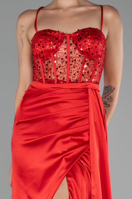 Robe de Soirée Longue Satin Rouge ABU4090