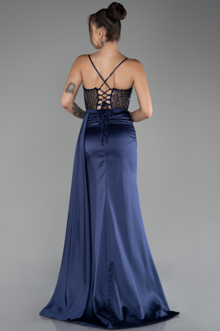 Robe de Soirée Longue Satin Bleu Marine ABU4090