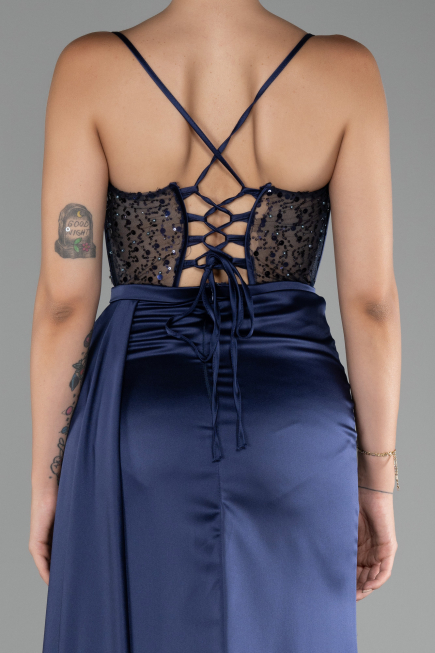 Robe de Soirée Longue Satin Bleu Marine ABU4090