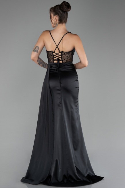 Robe de Soirée Longue Satin Noir ABU4090