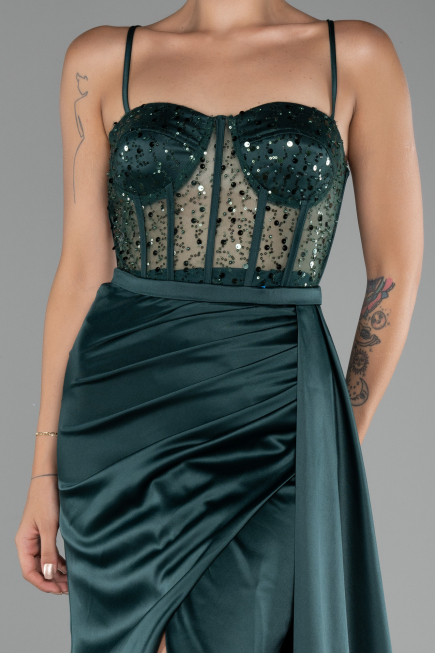 Robe de Soirée Longue Satin Émeraude ABU4090