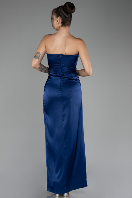 Robe de Soirée Longue Satin Bleu Marine ABU4071