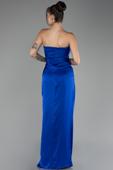 Robe de Soirée Longue Satin Bleu Saxe ABU4071