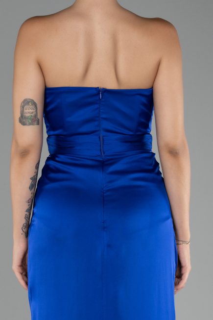 Robe de Soirée Longue Satin Bleu Saxe ABU4071