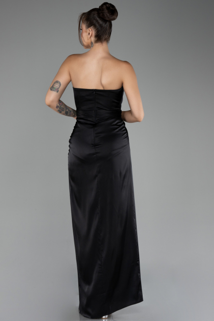 Robe de Soirée Longue Satin Noir ABU4071