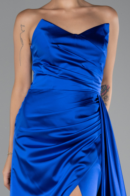 Robe de Soirée Longue Satin Bleu Saxe ABU4093