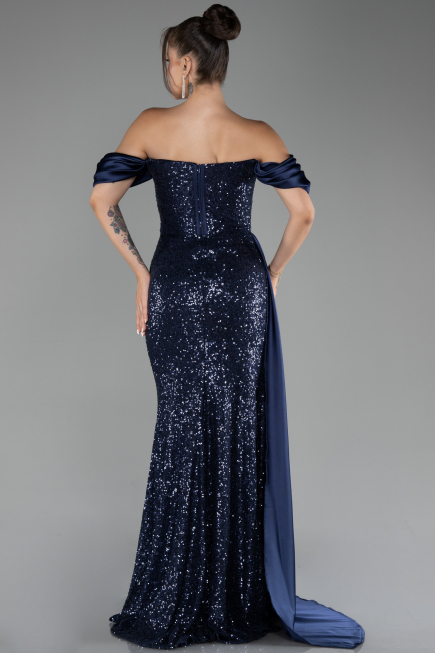 Robe de Soirée Longue Squameuse Bleu Marine ABU4085