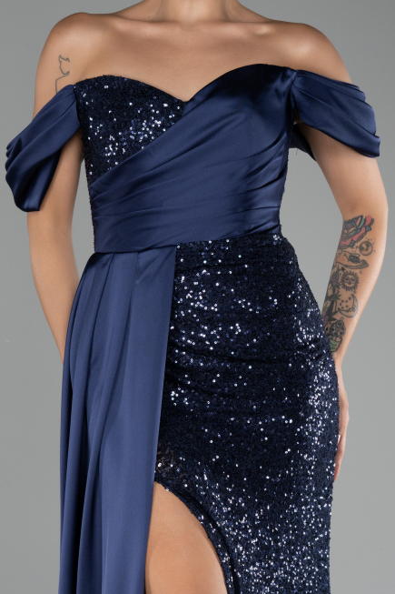 Robe de Soirée Longue Squameuse Bleu Marine ABU4085