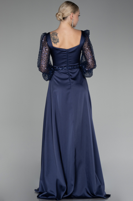 Robe de Soirée Longue Satin Bleu Marine ABU4121