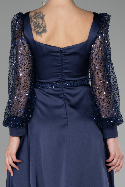 Robe de Soirée Longue Satin Bleu Marine ABU4121