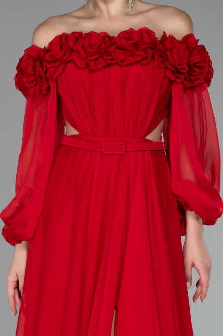 Robe de Soirée Longue Mousseline Rouge ABU4130