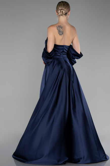 Robe de Soirée Longue Satin Bleu Marine ABU4132