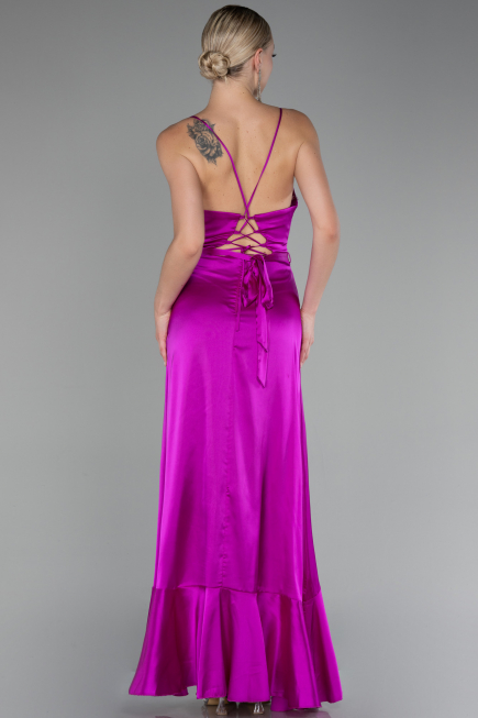 Robe de Soirée Devant Court Dos Long Satin Fushia ABO109