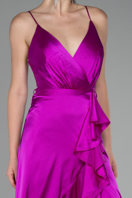 Robe de Soirée Devant Court Dos Long Satin Fushia ABO109