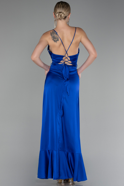 Robe de Soirée Devant Court Dos Long Satin Bleu Saxe ABO109
