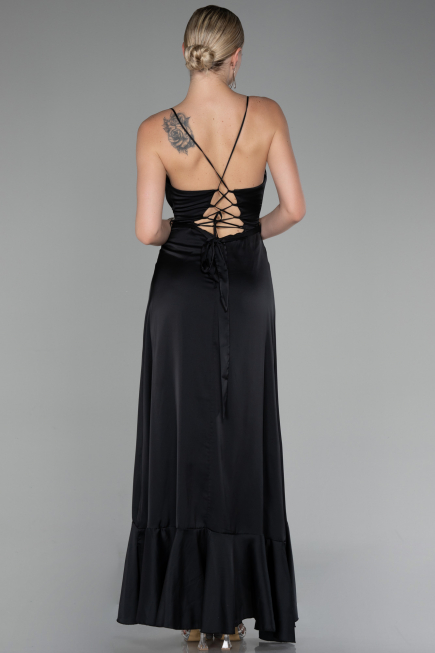 Robe de Soirée Devant Court Dos Long Satin Noir ABO109