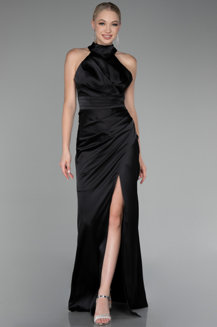 Robe de Soirée Grande Taille Longue Satin Noir ABU4110
