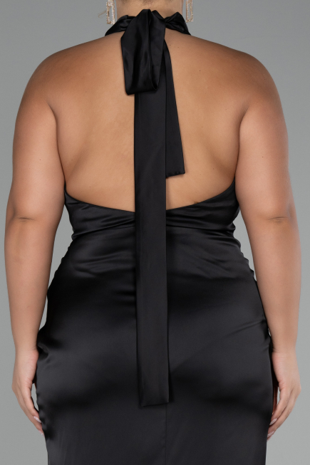 Robe de Soirée Grande Taille Longue Satin Noir ABU4110