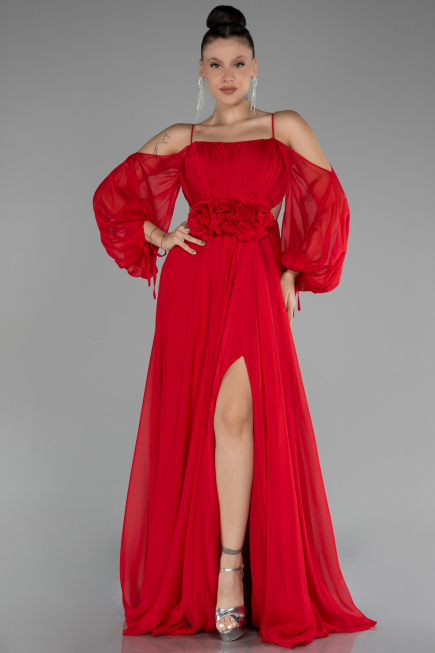 Robe de Soirée Longue Mousseline Rouge ABU4165