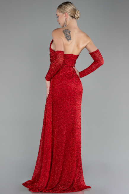 Robe de Soirée Longue Perlé Rouge ABU4163