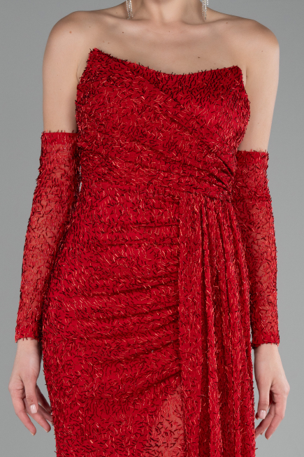 Robe de Soirée Longue Perlé Rouge ABU4163