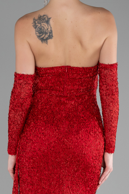 Robe de Soirée Longue Perlé Rouge ABU4163