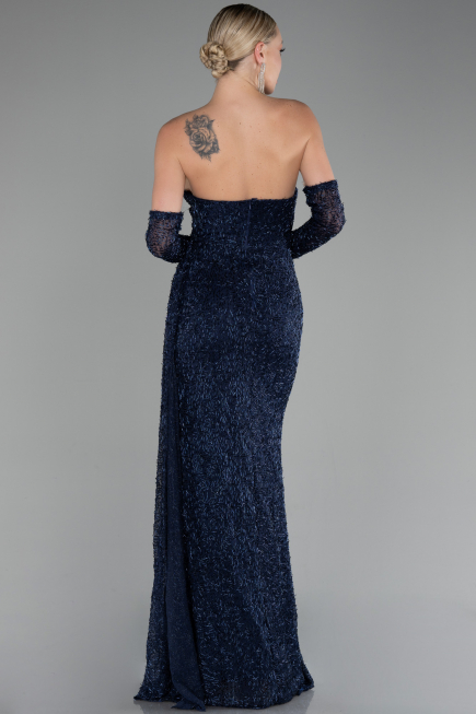 Robe de Soirée Longue Perlé Bleu Marine ABU4163