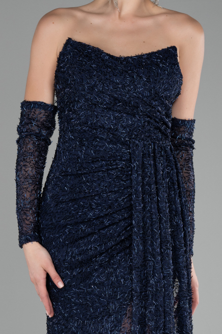 Robe de Soirée Longue Perlé Bleu Marine ABU4163