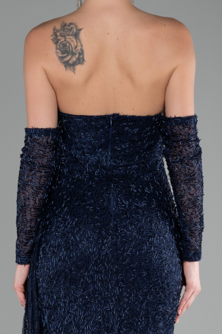 Robe de Soirée Longue Perlé Bleu Marine ABU4163