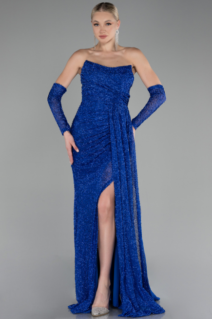 Robe de Soirée Longue Perlé Bleu Saxe ABU4163