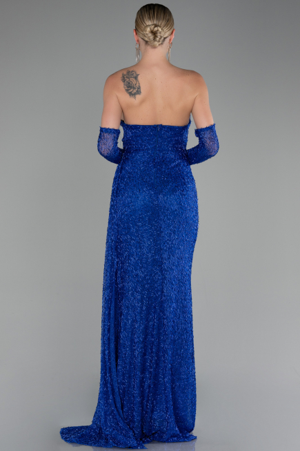 Robe de Soirée Longue Perlé Bleu Saxe ABU4163
