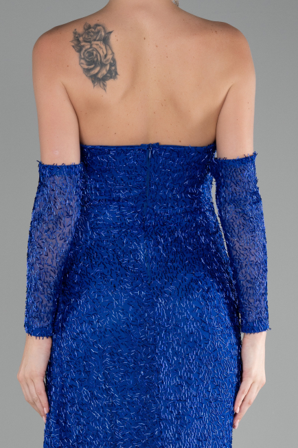 Robe de Soirée Longue Perlé Bleu Saxe ABU4163