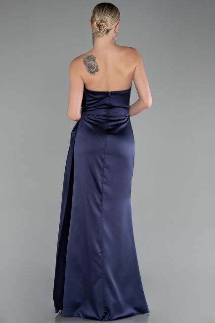 Robe de Soirée Longue Satin Bleu Marine ABU4174