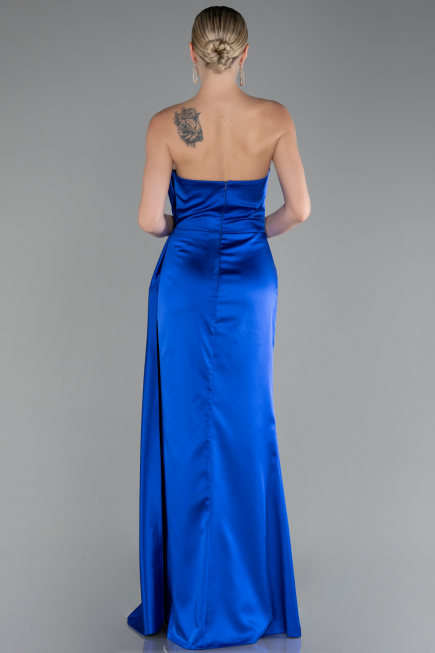 Robe de Soirée Longue Satin Bleu Saxe ABU4174