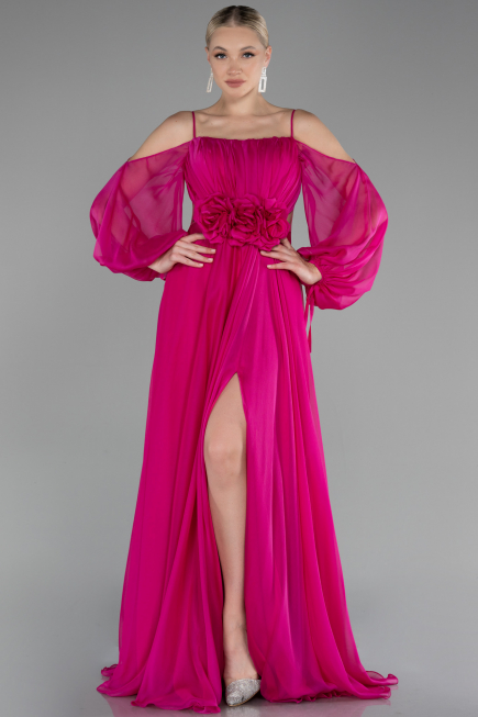 Robe de Soirée Longue Mousseline Fushia ABU4165