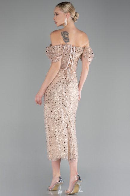 Robe de Cérémonie Midi Squameuse Beige ABK2130