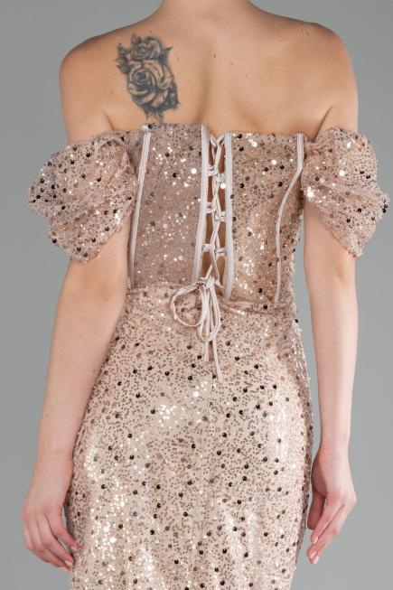 Robe de Cérémonie Midi Squameuse Beige ABK2130