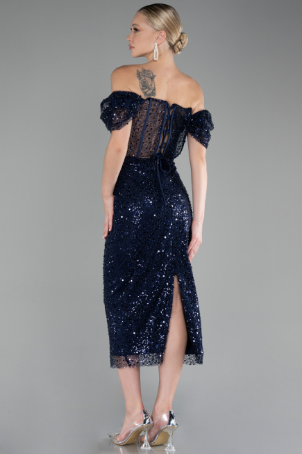Robe de Cérémonie Midi Squameuse Bleu Marine ABK2130
