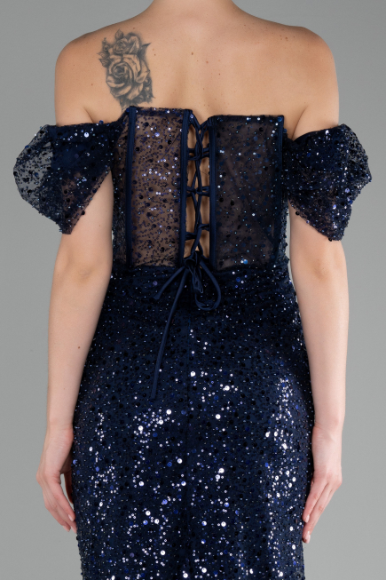 Robe de Cérémonie Midi Squameuse Bleu Marine ABK2130